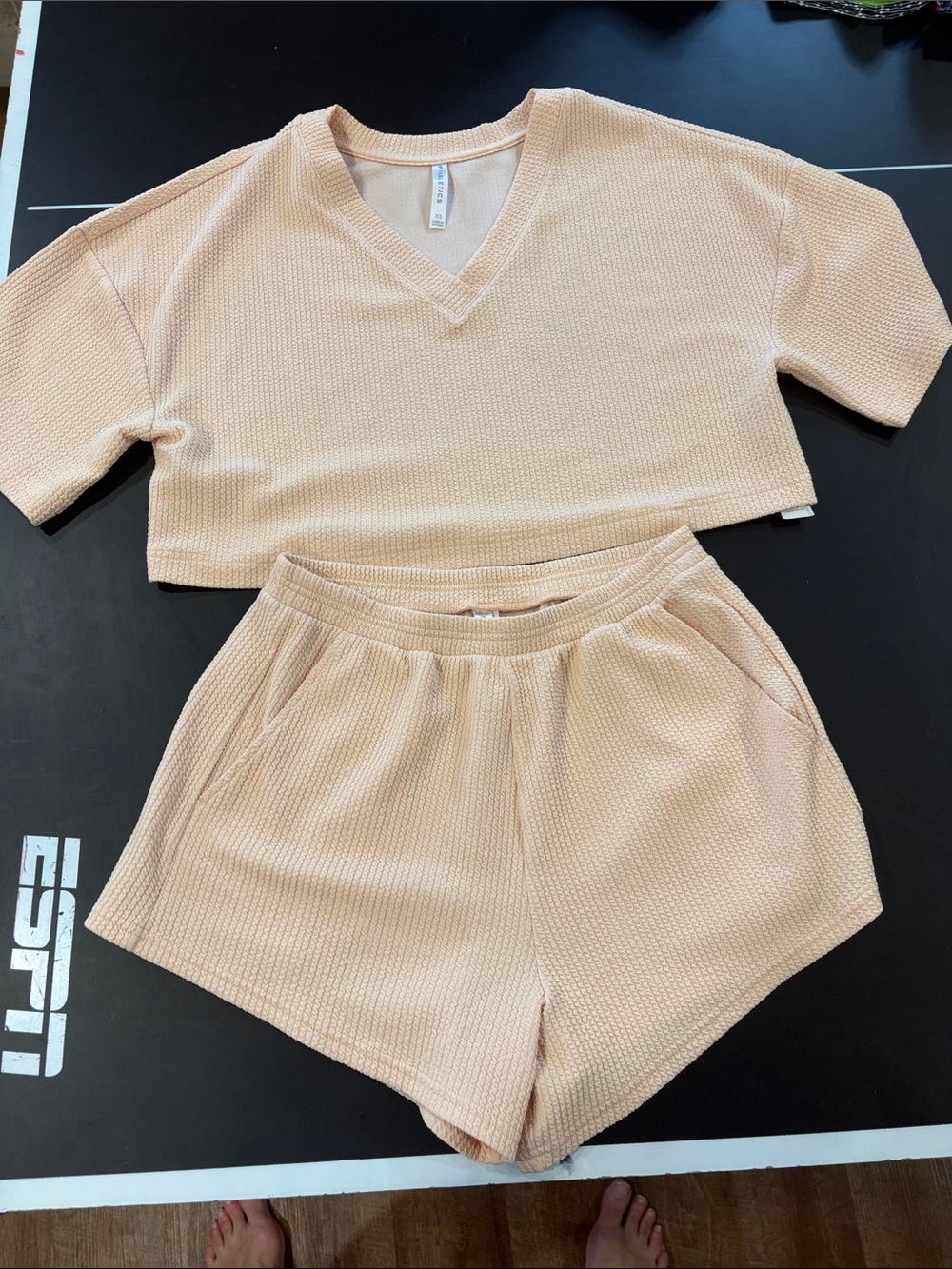 Cozy Fabletics Peach Waffle Knit Two-Piece Set - V-Neck Crop Top & Shorts